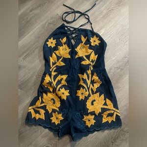 Free People Navy Blue Romper with Mustard Yellow Floral Embroidery